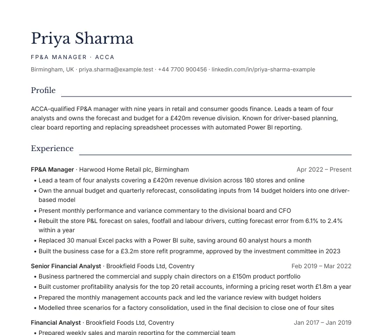 The top of an example CV in the Executive style